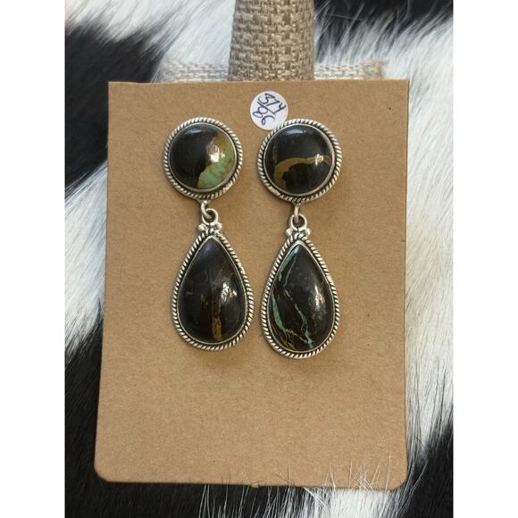 Native American Sterling Silver Large Double Stone Blackjack Turquoise Earrings - Picture 2 of 11